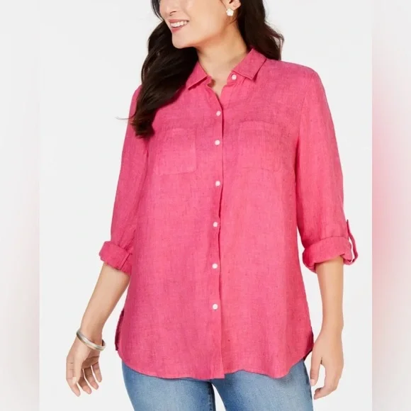 💯Linen Charter Club Fuchsia Button-Down Shirt - Picture 1 of 12